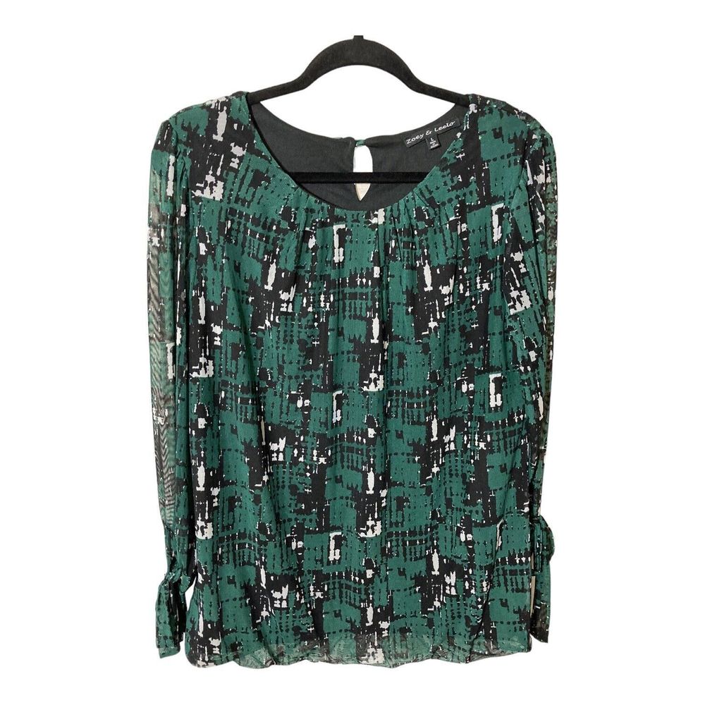 ZOEY & LEELO Womens Large Puff Sleeve Green/Black Knit Top Sheer Lined